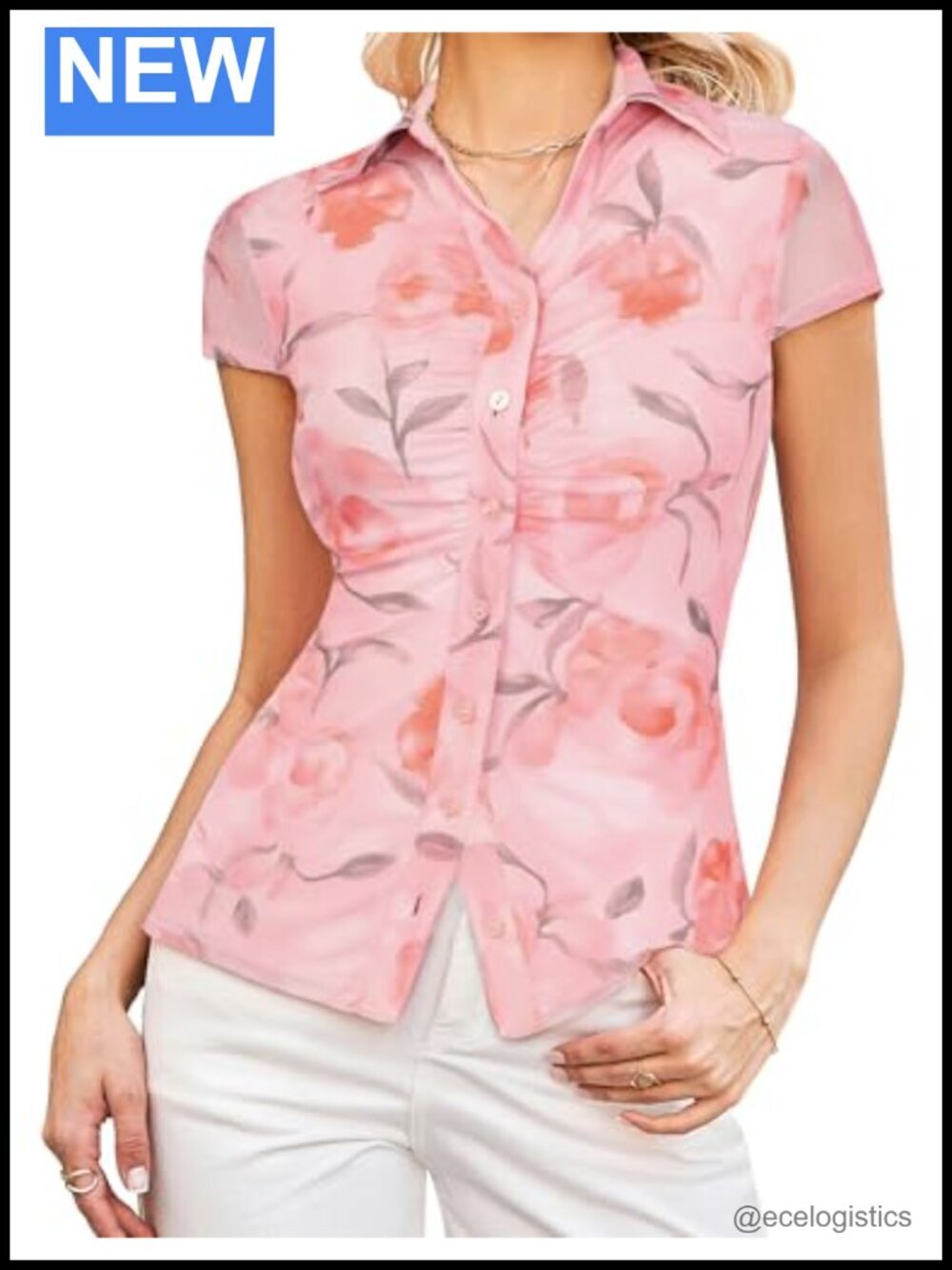 Women Mesh Boho Floral Blouses Short Sleeve Button Down V Neck Slim Fit Ruched